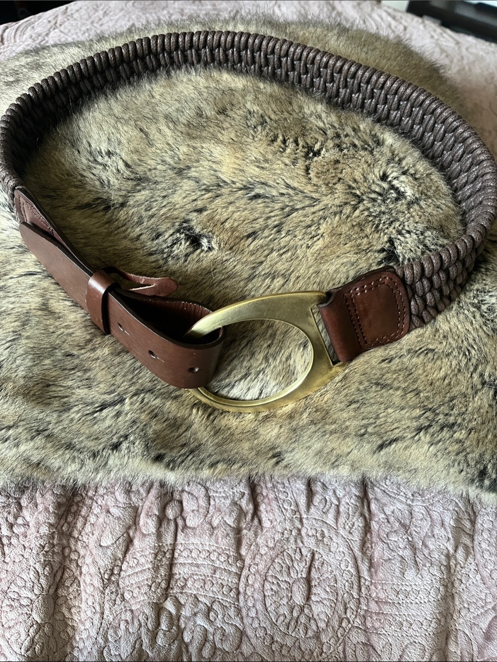 Oscar de la Renta Brown Woven Leather Belt with Brass Oval Buckle EUC
